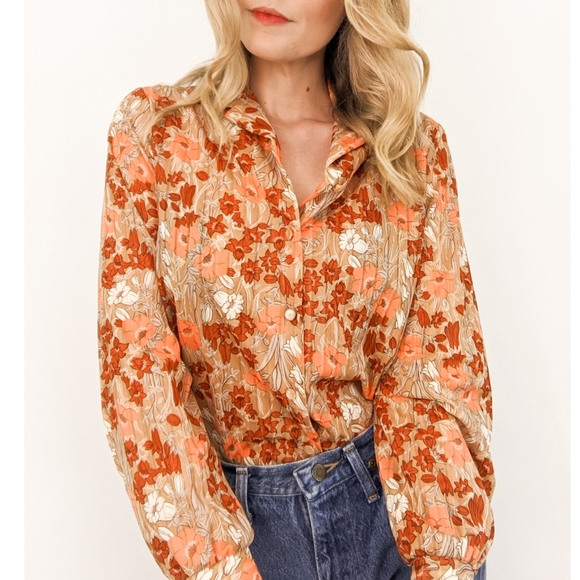 70s Floral Button Down Long Sleeve Blouse - Picture 3 of 17